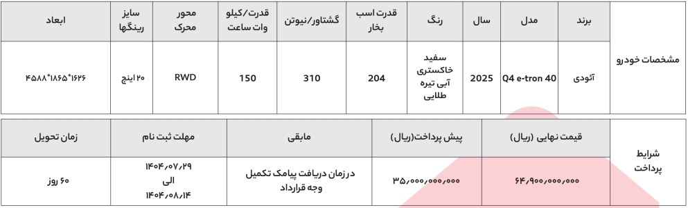 شرایط ثبت نام آئودی کیو 4 برقی نادین خودرو
