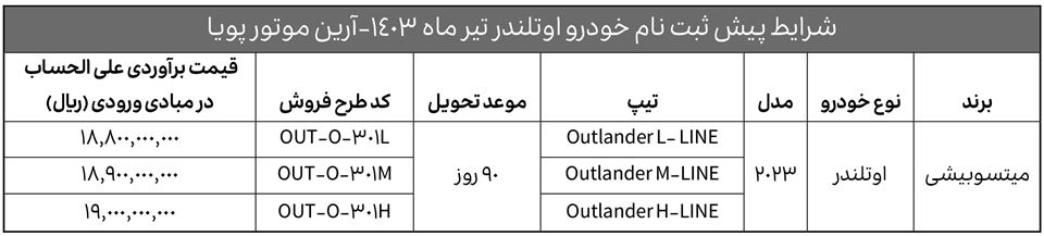 شرایط پیش فروش میتسوبیشی اوتلندر ارین موتور